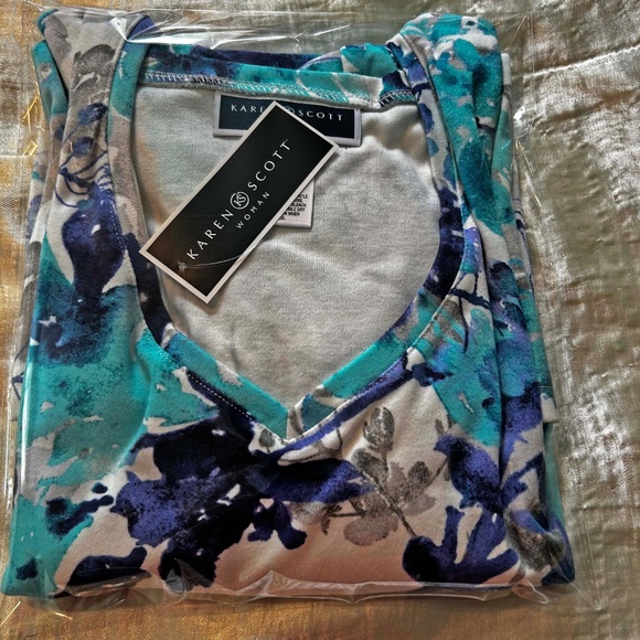 TOP, COTTON BLEND, BLUE/TURQUOISE/GREY, SIZE 3X, ROUND NECK, LONG SLEEVES, KAREN - Picture 3 of 8